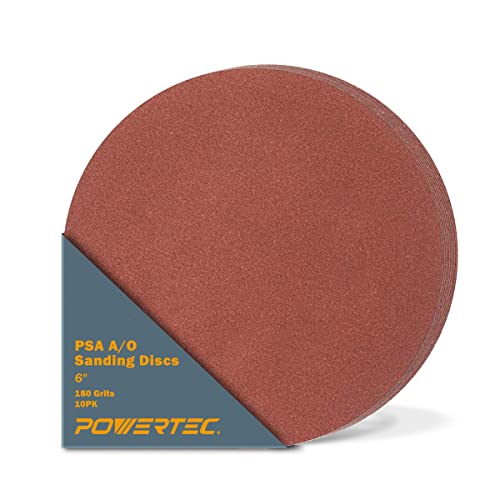 POWERTEC 110230 6 Inch PSA Sanding Discs, 180 Grit, Aluminum Oxide Adhesive Sandpaper for 4x36 Belt Sander, 10PK