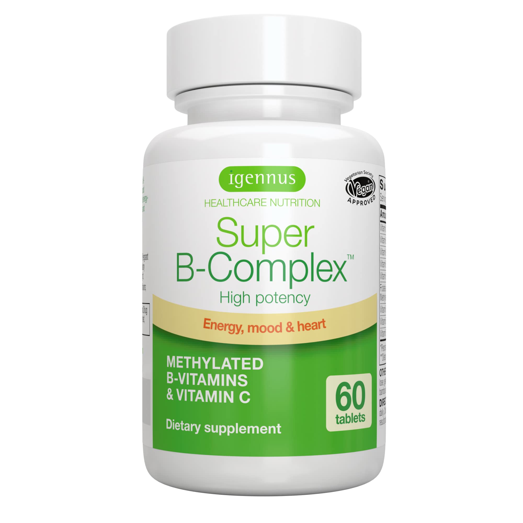 Super B-Complex – Methylated Sustained Release B Complex & Vitamin C, Folate & Methylcobalamin, Vegan, Energy, Heart & Brain Function, 60 Small Tablets… 60 Count (Pack of 1)