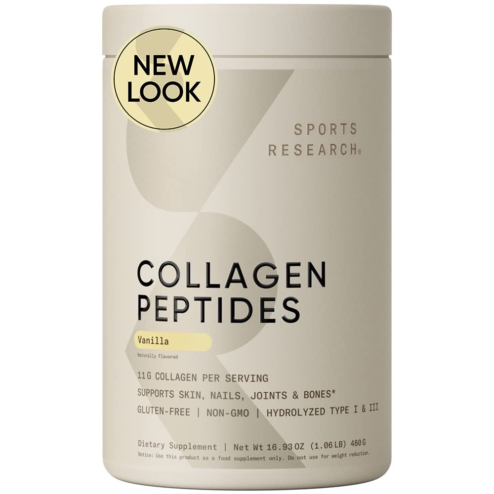 Book Cover Sports Research Collagen Peptides - Hydrolyzed Type 1 & 3 Collagen Powder Protein Supplement for Healthy Skin, Nails, Bones & Joints - Easy Mixing Vital Nutrients & Proteins, Collagen for Women & Men Vanilla 16.9 Ounce (Pack of 1)