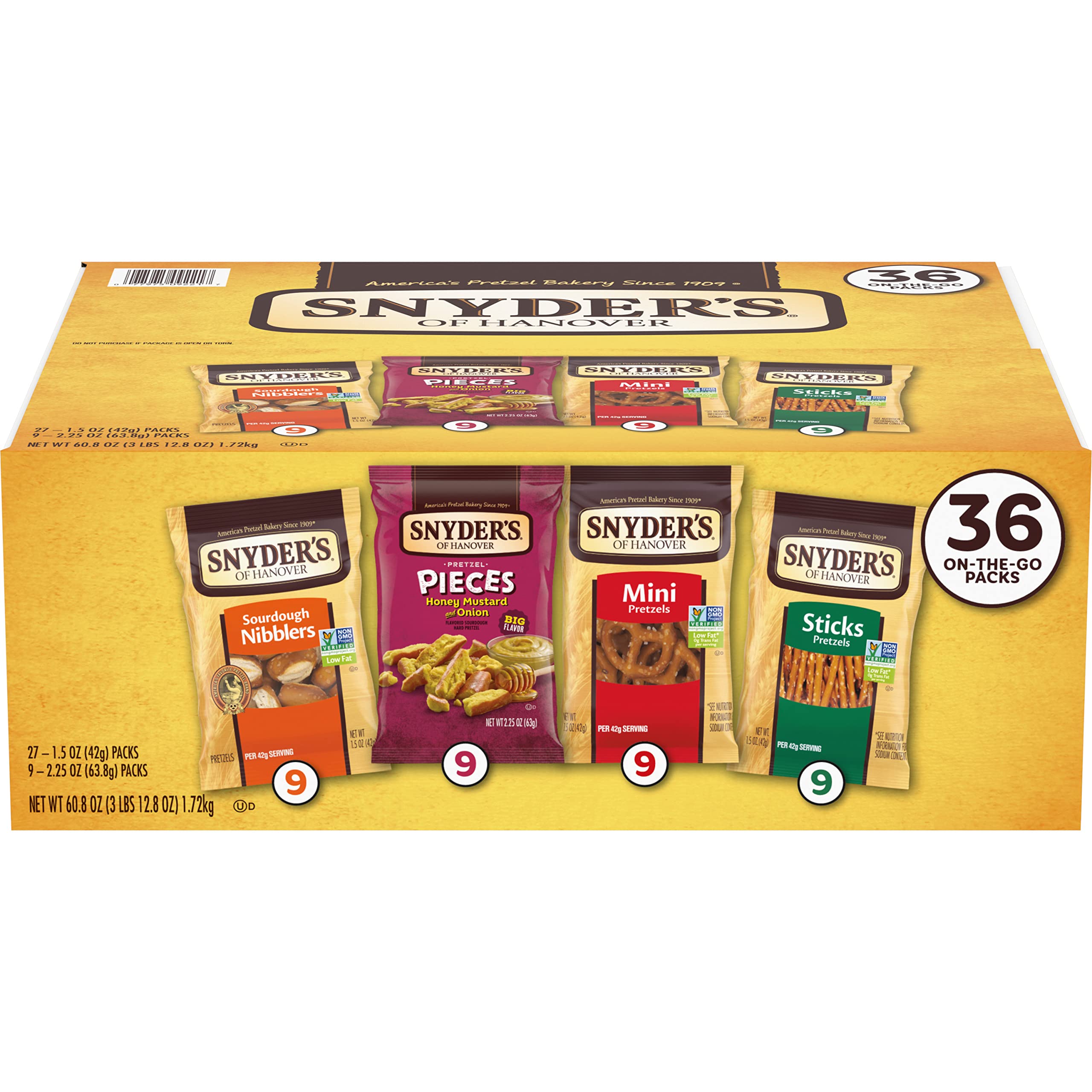 Snyder's of Hanover, Variety Pack Pretzels, Individual Packs, 4 Flavors, 36 Ct (Pack of 36) Variety Pack 36 Count