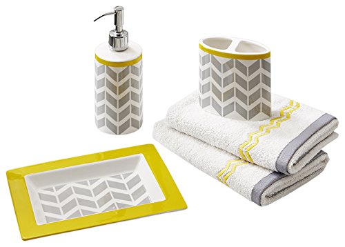 Book Cover Nadia Bathroom Accessories Set , 5-Pcs Bath Room Sets Of Yellow / Grey Soap Dispenser , Toothbrush Holder , Decorative Tray , 2 X Hand Towels