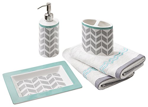 Book Cover Nadia Bathroom Accessories Set , 5-Pcs Bath Room Sets Of Teal / Grey Soap Dispenser , Toothbrush Holder , Decorative Tray , 2 X Hand Towels