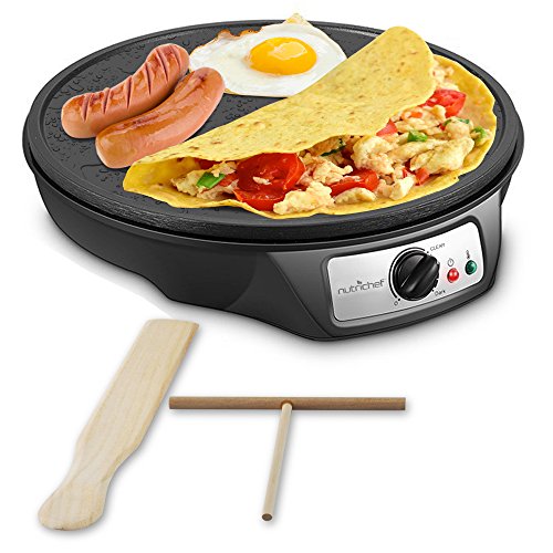 Book Cover Nonstick 12-Inch Electric Crepe Maker - Aluminum Griddle Hot Plate Cooktop with Adjustable Temperature Control and LED Indicator Light, Includes Wooden Spatula and Batter Spreader - NutriChef
