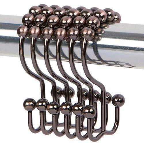 Book Cover DOTZ Bathroom Collection Double Shower Curtain Hooks Decorative Rustproof Bronze Easy Glide Roller Shower Curtain Rings with Double Hooks. 100% Stainless Steel Brushed Bronze Rings, Set of 12