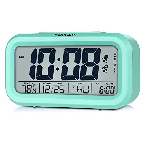 Book Cover Peakeep Battery Operated Cordless Digital Clock with 2, Dual Alarm for Workday, Snooze, Smart Sensor Light, Mint Green