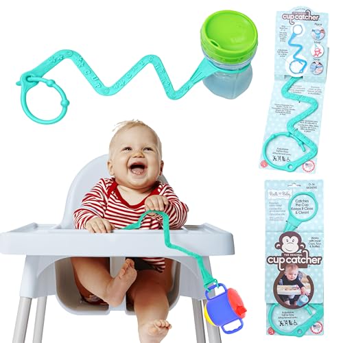 Brilli Baby Cup Catcher Patented Safety Tether Strap, Attach Sippy Cups, Bottles, Pacifiers & More to Stroller, High Chair, Car Seat, Made in USA, Food Grade, Dishwasher Safe, Aqua
