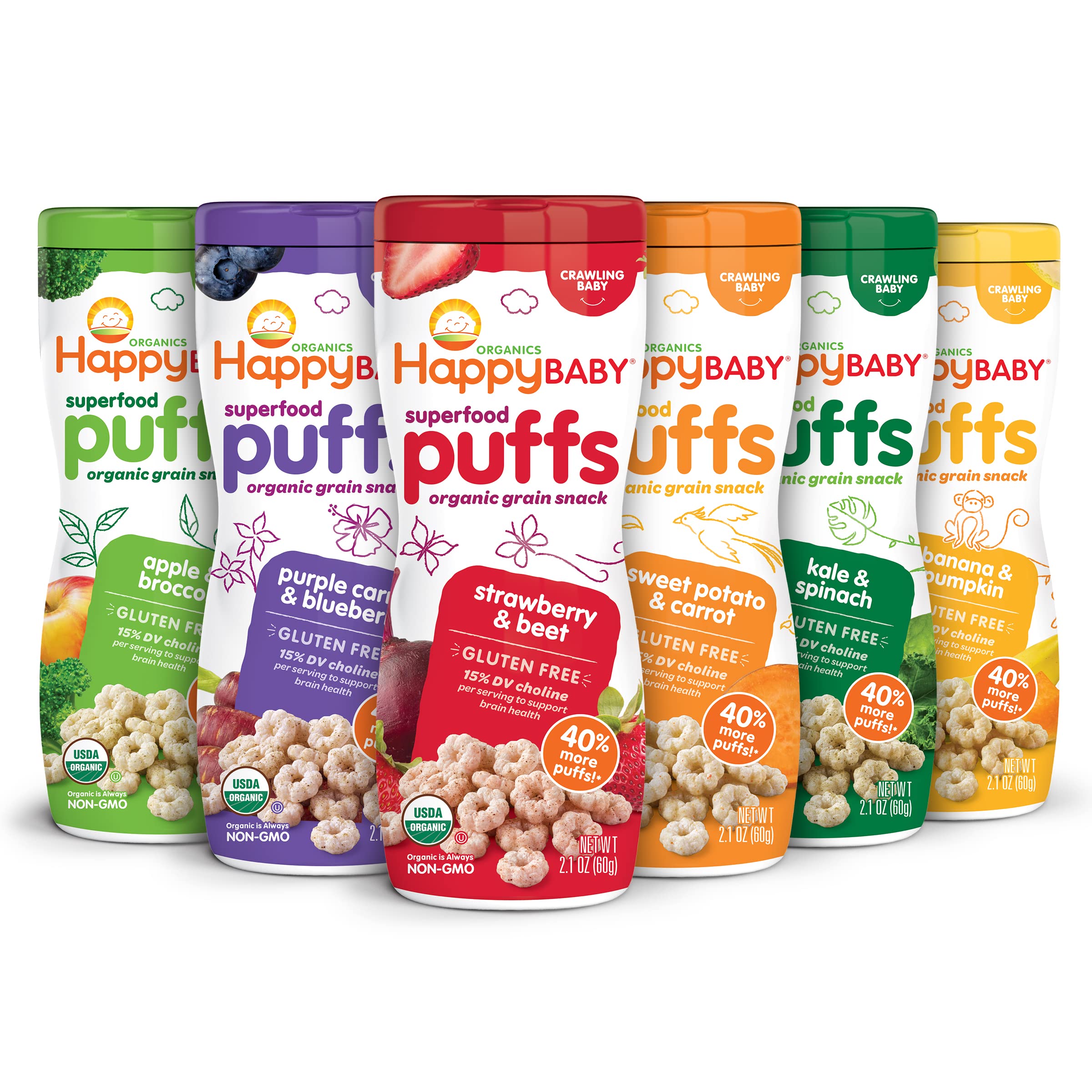 Happy Baby Organic Superfood Puffs, Variety Pack, 2.1 Ounce (Pack of 6) Flavor Puffs Variety Packs