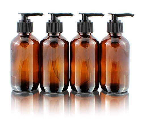 Cornucopia Brands 4oz Amber Glass Pump Bottles (4-Pack); Great for Lotions, Liquid Soap, Aromatherapy and More