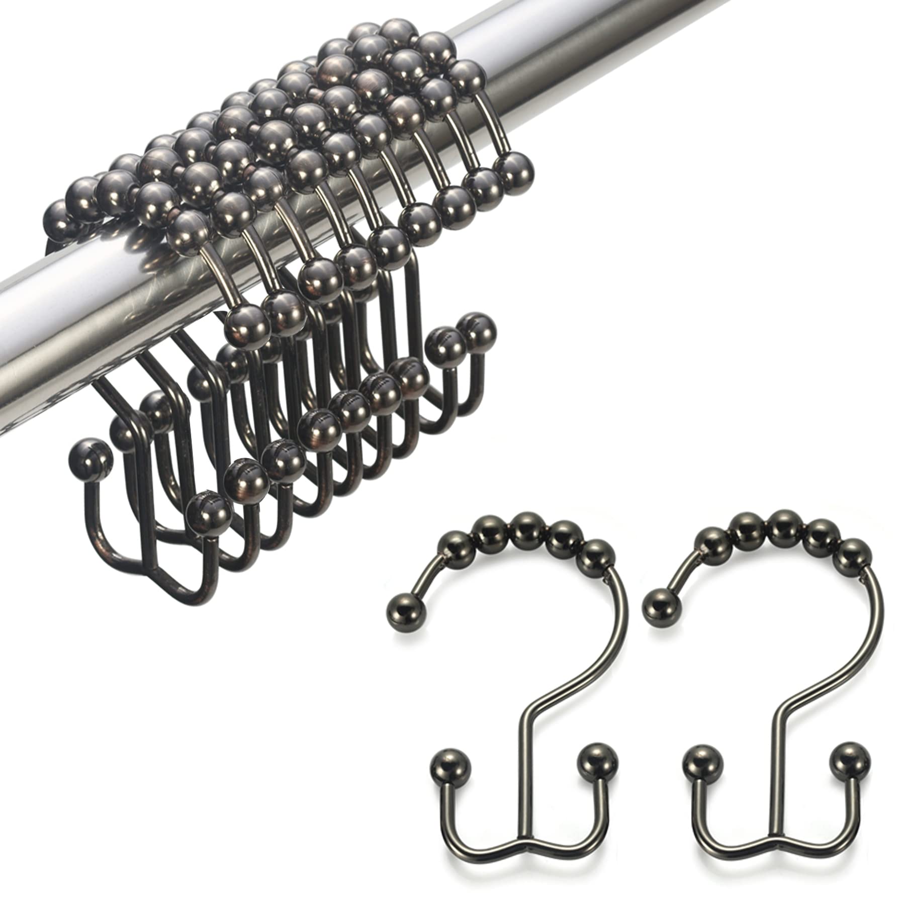 Amazer Shower Curtain Hooks Rings, Bronze Shower Curtain Hooks, Rust-Resistant Stainless Steel Shower Curtain Rings, 12 Pcs Double Shower Hooks for Shower Curtain, Shower Hooks Oil Rubbed Bronze