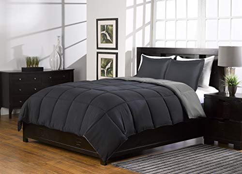 Book Cover 3 Pc Super Soft Grey and Black Reversible Comforter Queen Bed Set Down Alternative Queen Size Bedding Set with 2 Reversible Shams