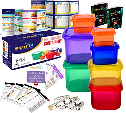 smartYOU Products 21 Day Portion Control Containers Kit - Nutrition Diet, Multi-Color Coded Weight Loss System. Complete Guide + PDF Planner + Recipe eBook and Tape Measure - BPA Free - 7 PC
