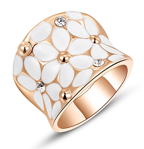Fashion Month Womens Elegant White Enamel Flower Rose Gold Band Bloom Petal Wedding Engagement Ring Crystal Inlay
