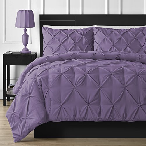 Book Cover Comfy Bedding Double Needle Durable Stitching 3-Piece Pinch Pleat Comforter Set All Season Pintuck Style, Queen, Purple