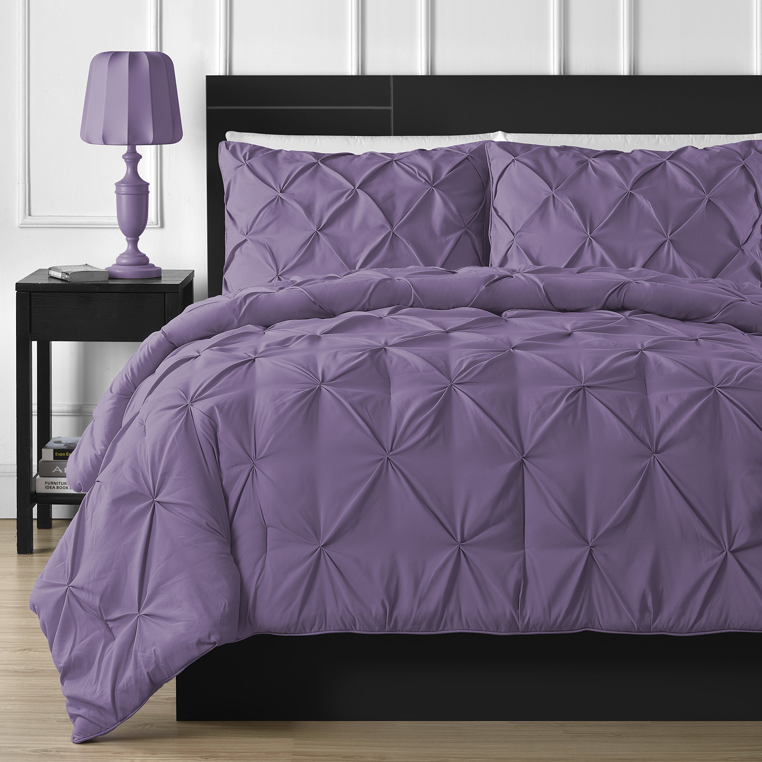 Comfy Bedding Double Needle Durable Stitching 3-Piece Pinch Pleat Comforter Set All Season Pintuck Style, Full, Purple Full Purple