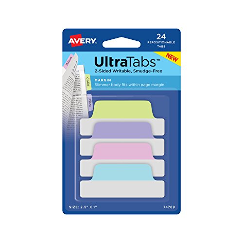 Avery Ultra Tabs, 2.5" x 1", 2-Side Writable, Pastel Blue/Pink/Purple/Green, 24 Repositionable Margin Tabs (74769)