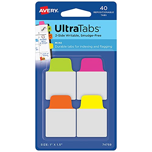 Avery Mini Ultra Tabs, 1" x 1.5", 2-Side Writable, Neon Pink/Yellow/Green, 40 Repositionable Tabs (74759)