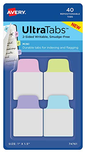 Avery Mini Ultra Tabs, 1" x 1.5", 2-Side Writable, Pastel Purple/Blue/Pink, 40 Repositionable Tabs (74761)