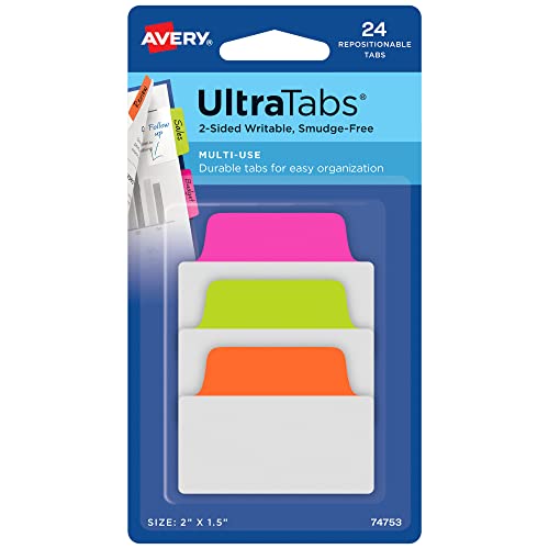 Avery Multiuse Ultra Tabs, 2" x 1.5", 2-Side Writable, Neon Pink/Green/Orange, 24 Repositionable Tabs (74753)