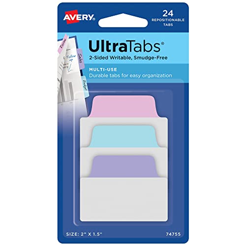 Avery Multiuse Ultra Tabs, 2" x 1.5", 2-Side Writable, Pastel Blue/Pink/Purple, 24 Repositionable Tabs (74755)