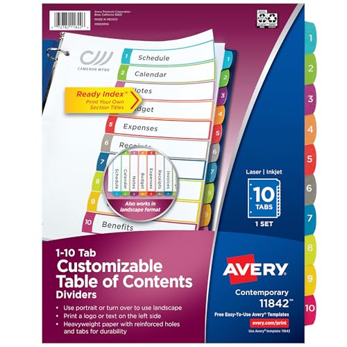 Avery 10-Tab Dividers for 3 Ring Binders, Customizable Table of Contents, Multicolor Tabs, 1 Set (11842)