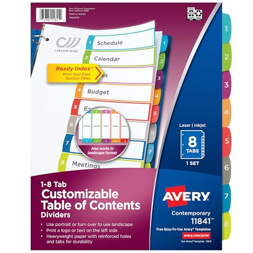 Avery 8-Tab Dividers for a 3 Ring Binders, Customizable Table of Contents, Multicolor Tabs, 1 Set (11841)