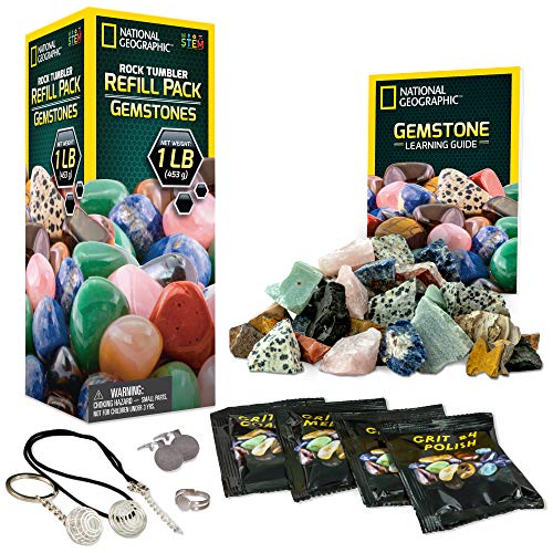Book Cover NATIONAL GEOGRAPHIC Rock Tumbler Refill Kit - Gemstone Mix of 9 varieties including Tiger's Eye, Amethyst and Quartz - Comes with 4 grades of Grit, Jewelry Fastenings and detailed Learning Guide