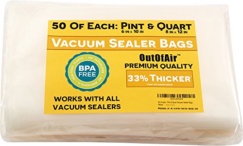 100 Vacuum Sealer Bags: 50 Pint (6" x 10") and 50 Quart (8" x 12") OutOfAir Vacuum Sealer Bags Works with FoodSaver & Other Savers. 33% Thicker, BPA Free, Great for Sous Vide