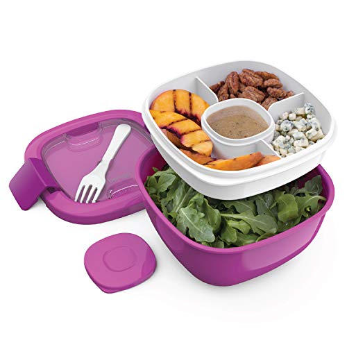 BentgoÂ® Salad - Stackable Lunch Container with Large 54-oz Salad Bowl, 4-Compartment Bento-Style Tray for Toppings, 3-oz Sauce Container for Dressings, Built-In Reusable Fork & BPA-Free (Purple)