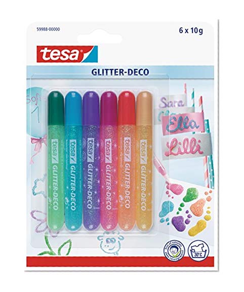 Tesa Glitter Déco Pack de 6 Styos Colles Paillettes Fluo Or/Argent/Rouge/Rose/Bleu/Vert