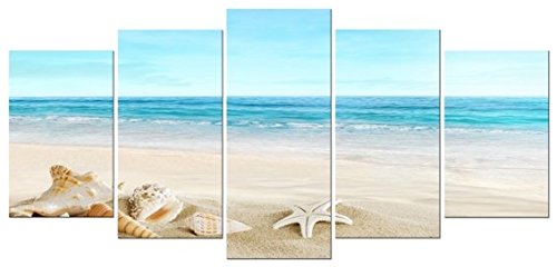 Book Cover Pyradecor Seashell 5 panels Seascape Giclee Canvas Prints Landscape Pictures Paintings on Modern Stretched and Framed Canvas Wall Art Sea Beach Pictures Artwork for Home DÃ©cor