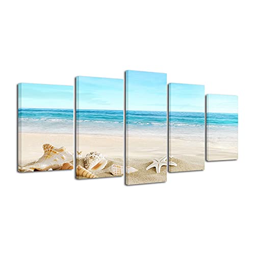 Pyradecor Seashell 5 panels Seascape Giclee Canvas Prints Landscape Pictures Paintings on Modern Stretched and Framed Canvas Wall Art Sea Beach Pictures Artwork for Home DÃ©cor