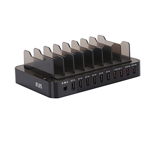 IKITS USB Charging Station,13.2A 66W 10-Port Charger Station Hub [CE Verified] Multiple Devices Desktop Charger with Stand 4 Port Smart IC+4 Port 5V 1A Compatible with Samsung iPhone/iPad, Moto & More