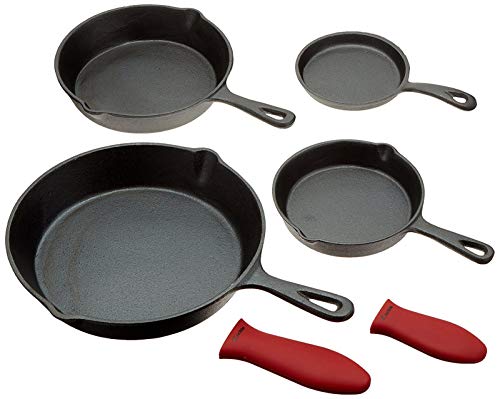 Book Cover Cast Iron Skillets, Set Of 4 (Pre-seasoned) 10 Inch - 5.1 Inch, Including Large & Small Silicone Hot Handle Holders | Indoor & Outdoor Use