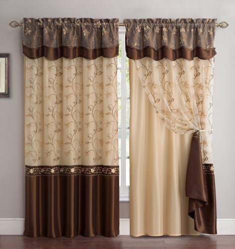Book Cover Fancy Collection Embroidery Curtain Set 2 Panel Drapes with Backing & Valance Coffee/brown