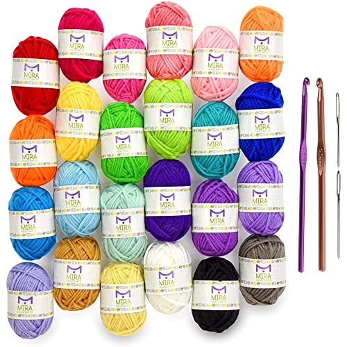 Book Cover 24 Acrylic Yarn Skeins | 525 Yards of Craft Yarn for Knitting and Crochet | Includes 2 Hooks, 2 Weaving Needles,7 E-Books as Crochet Accessories | Perfect Crochet kit for Beginners by Mira Handcrafts