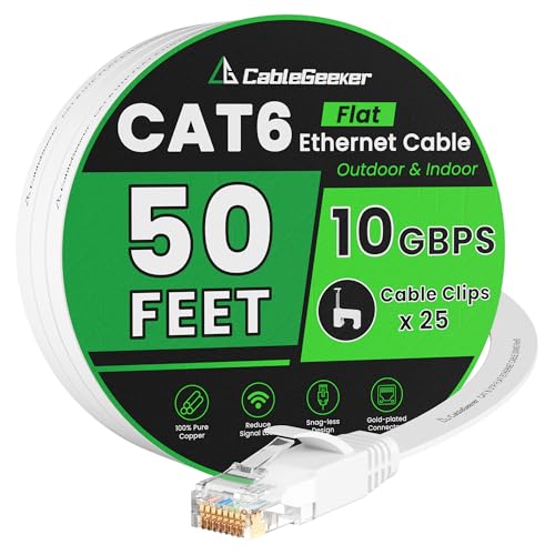 Cat 6 Ethernet Cable White 50ft (At a Cat5e Price but Higher Bandwidth) - Flat Internet Network Cable - Cat6 Ethernet Patch Cable Short - Cat6 Computer Cable With Snagless RJ45 Connectors by CableMaster Corporation