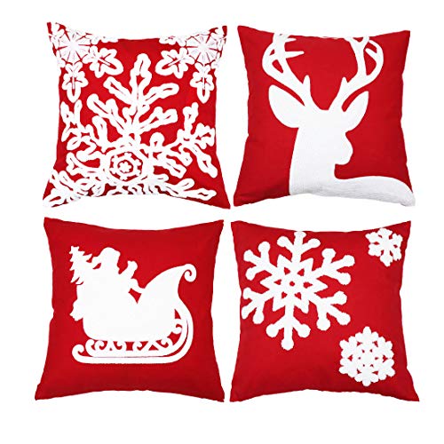 Sykting Christmas Pillow Covers for Farmhouse Winter Holiday Decorations Throw Pillow Covers with Embroidery Reindeer Sledge Snowflakes Red and White 18x18 inch Set of 4