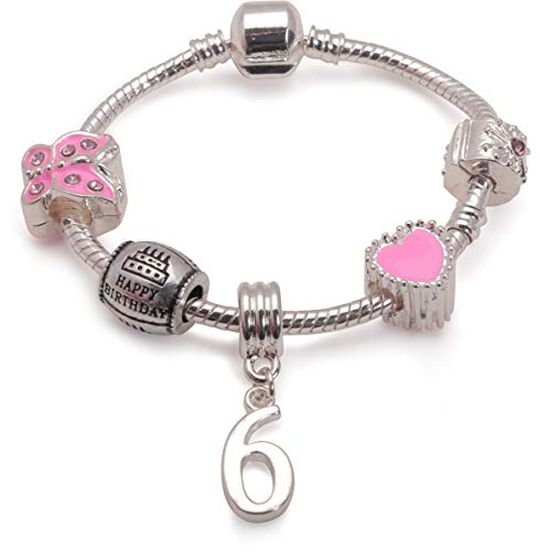 Book Cover Liberty Charms Children's Pink Happy 6th Birthday Silver Plated Charm Bracelet for 6 Year Old Girl (6.3in/16cm)
