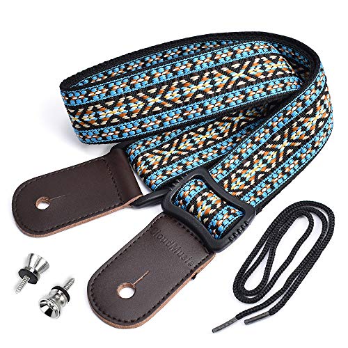 Book Cover CLOUDMUSIC Hawaiian Blue Ukulele Strap With Ukulele Strap Buttons Black Leather Ends