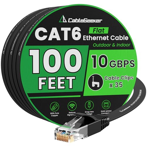 Cat 6 Ethernet Cable 100 ft (at a Cat5e Price but Higher Bandwidth) Flat Internet Network Cable - Cat6 Ethernet Patch Cable Short - Black Computer LAN Cable + Free Cable Clips and Straps