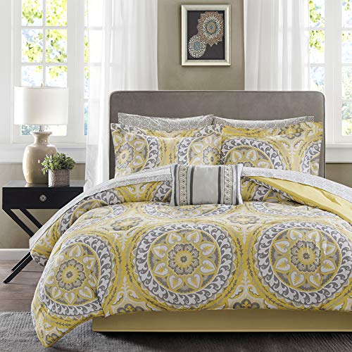 Madison Park Essentials Cozy Bag Comforter, Medallion Damask Design All Season Down Alternative Complete Sheet Set, Bed Skirt, Queen(90"x90"), Serenity Yellow, 9 Piece