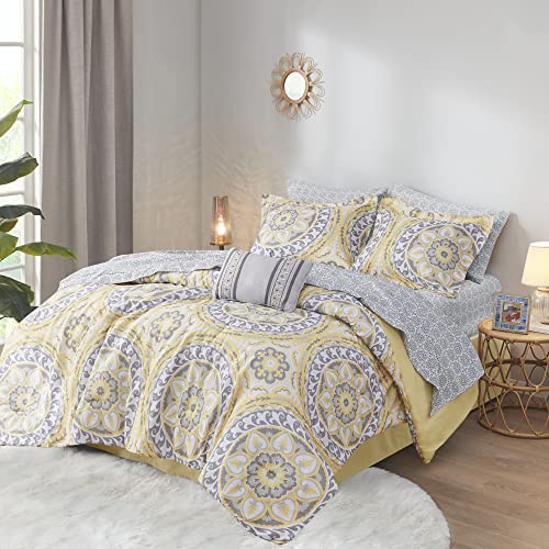Madison Park Essentials Cozy Bag Comforter, Medallion Damask Design All Season Down Alternative Complete Sheet Set, Bed Skirt, King(104"x92"), Yellow