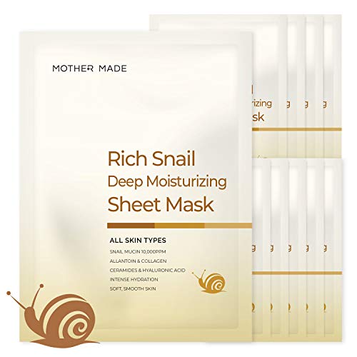 mothermade Deep Moisturizing Rich Snail Facial Mask 10 individually packaged bundle - 100% cotton Cupra sheet, Anti-aging, Anti-Wrinkle, Deep Hydration, Snail Secretion Filtrate (5,000 ppm) by mothermade