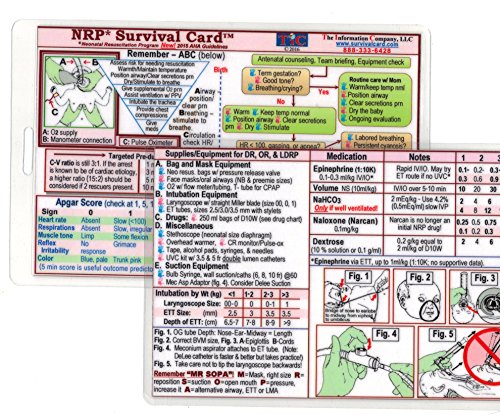 Book Cover NRP (Neonatal Resuscitation Program) SURVIVAL CARD Quick Reference Guide (Small 3 x 4 3/8 in., Badge/ID Size) - Laminated with hole punched - Water Resistant