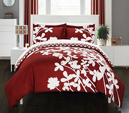 Book Cover Chic Home 3 Piece Calla Lily Reversible Large Scale Floral Design Printed with Diamond Pattern Reverse Duvet Cover Set, King, Maroon Red