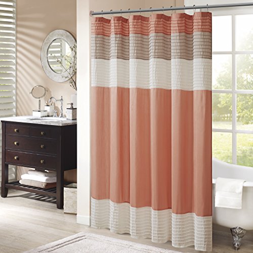 Book Cover Madison Park Amherst Bathroom Shower Faux Silk Pieced Striped Modern Microfiber Bath Curtains, 72 in x 72 in, Coral