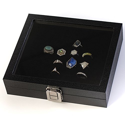 HUJI Glass Top Ring Display Showcase With Velvet Insert Liner Jewelry Organizer (1 Pack, 36 Slot Case)