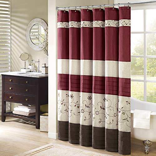 Book Cover Madison Park Serene Shower Curtain Faux Silk Embroidered Floral Machine Washable Modern Home Bathroom Decorations, 54x78, Red