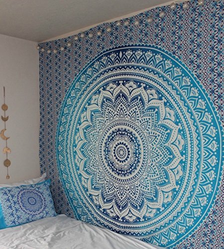 Book Cover Handicrunch Indian Mandala Ombre Blue White Bohemian Boho Large Throw Bed Sheet Wall Hanging Tapestry Queen Size Tapestry