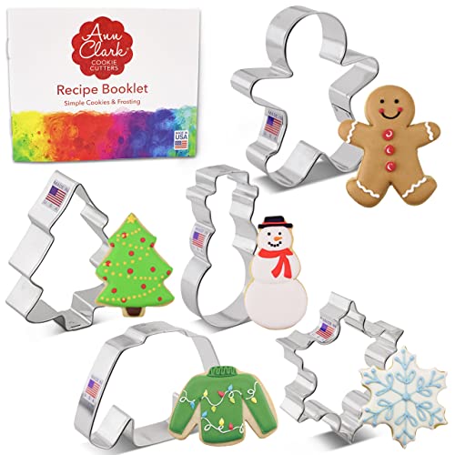 Book Cover Christmas Cookie Cutter 5-Pc Set Made in USA by Ann Clark, Snowflake, Wool Sweater, Snowman, Gingerbread Man, Christmas Tree
